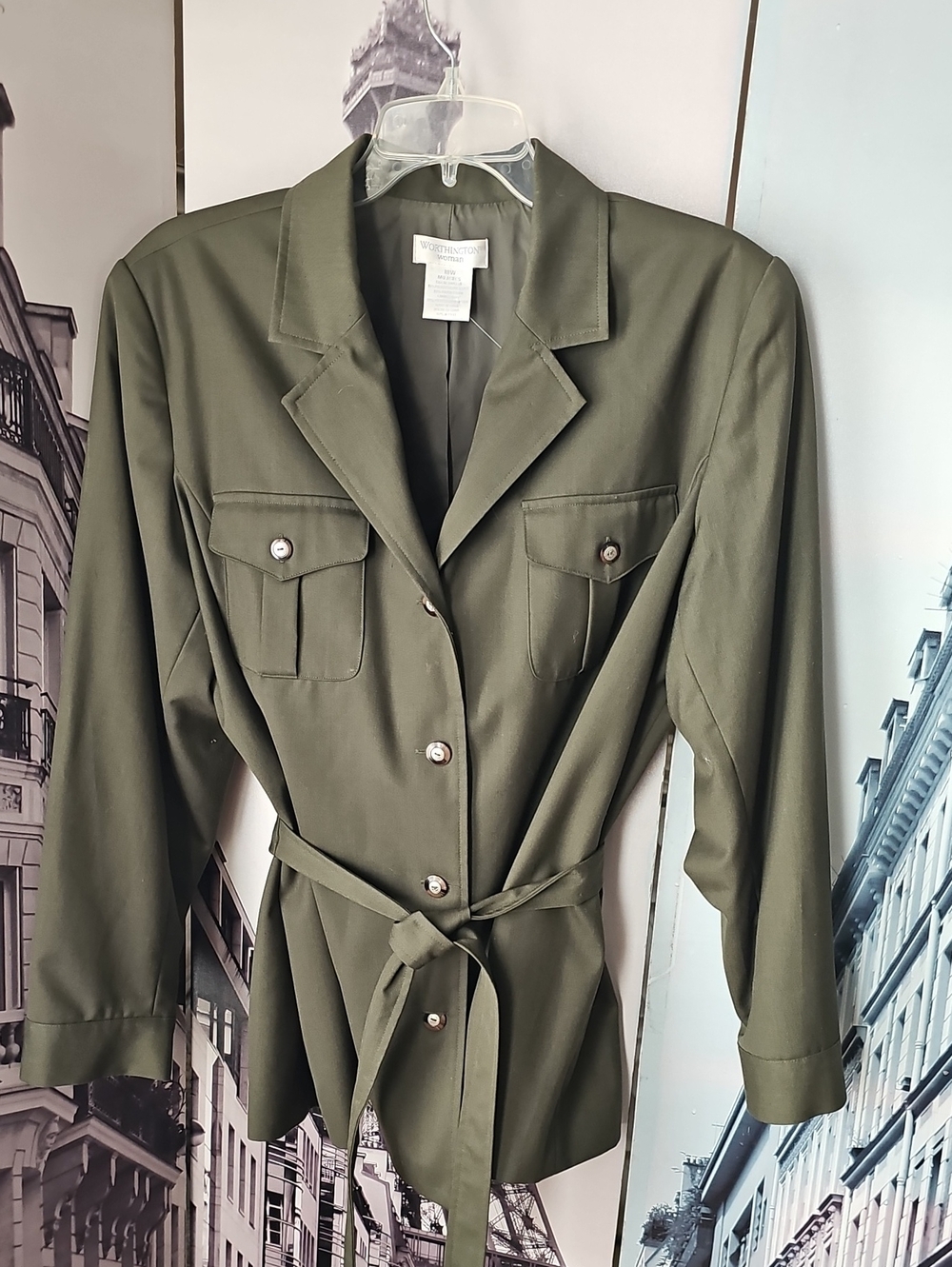 WORTHINGTON Olive Green Tie-Waist Utility Blazer